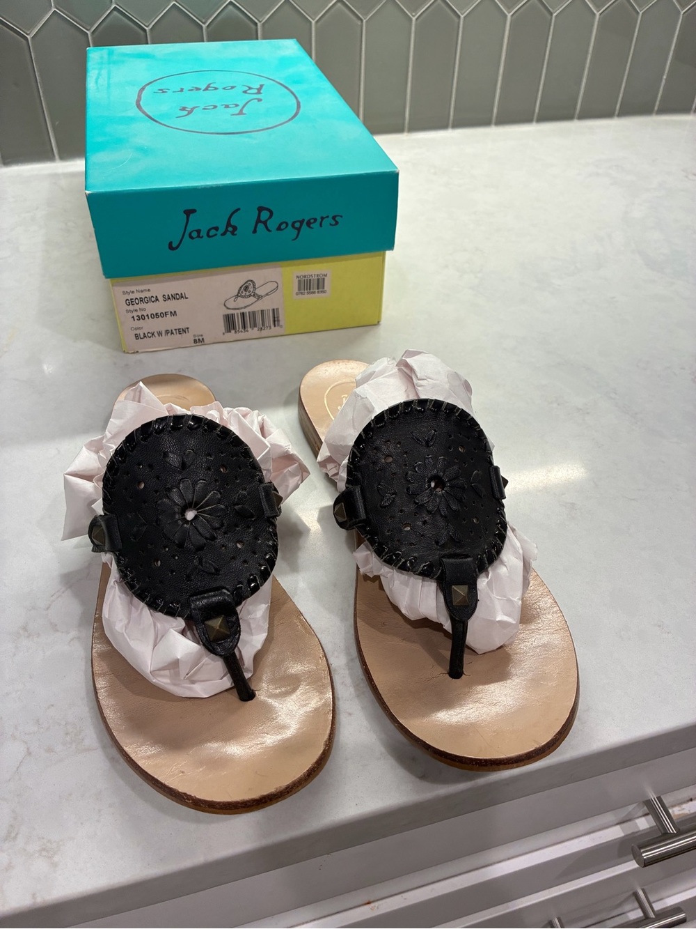 Jack Rogers Black Leather Whipstitch Medallion Sandals